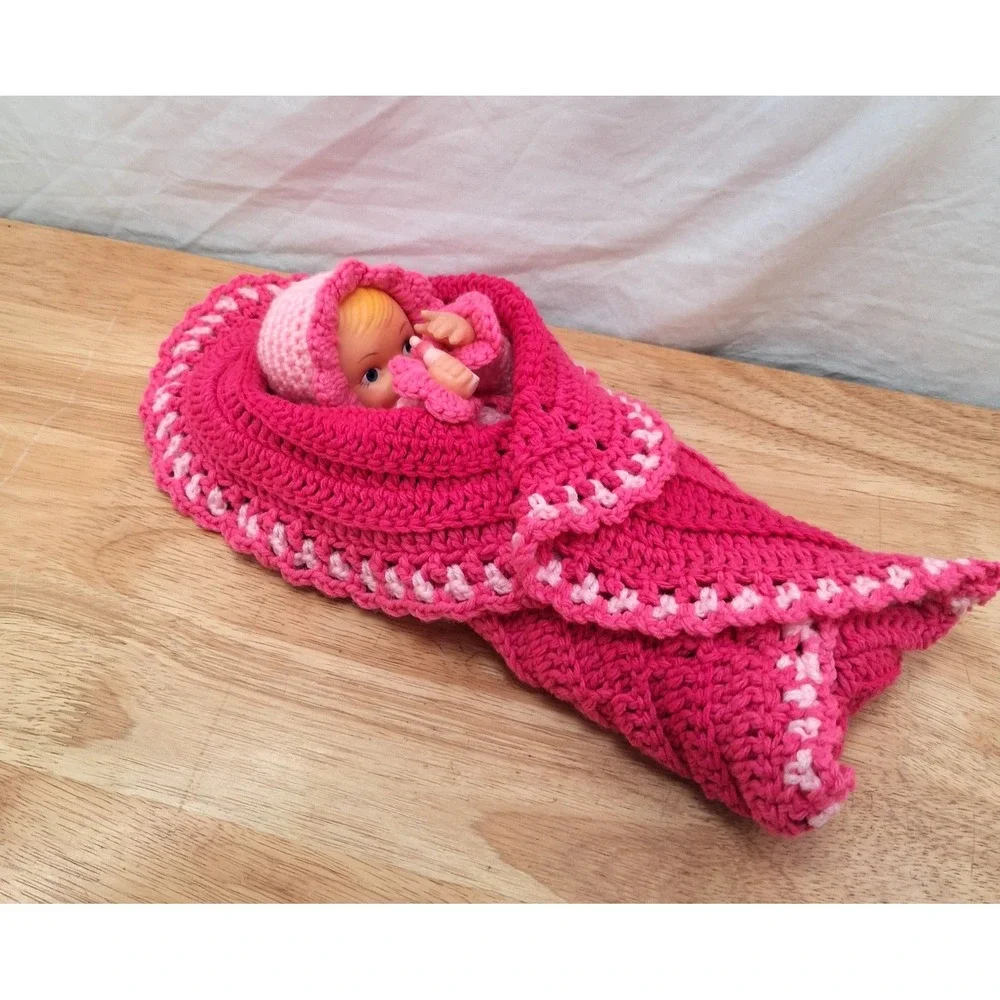 Vintage Crocheted Baby Doll In Blanket Pink and White Rubber Face Hands Granny